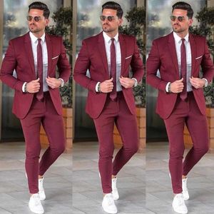 Élégant personnalisé bordeaux homme costume Blazers fête bal 2 pièces veste + pantalon marié costumes de mariage pour hommes revers cranté hommes smokings X0909