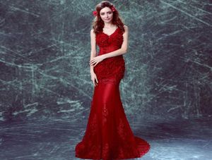 Élégant fleur personnalisée Tulle longue sirène rouge Robes de demoiselle d'honneur plus taille vneck lacet up Longueur Vestidos de Dama de Honor FO3469842