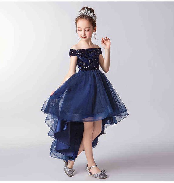 Élégant Bleu Foncé Dentelle Perles Fille Robe De Soirée Hors Épaule Première Communion Robe Fille Pageant Robe Robe De Fille De Fleur pour Les Mariages G1218