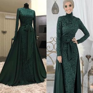 Elegante donkergroene moslim avondjurken afneembare trein formele jurk 2019 hoge hals lange mouw prom dress full lace arabische avondjurken