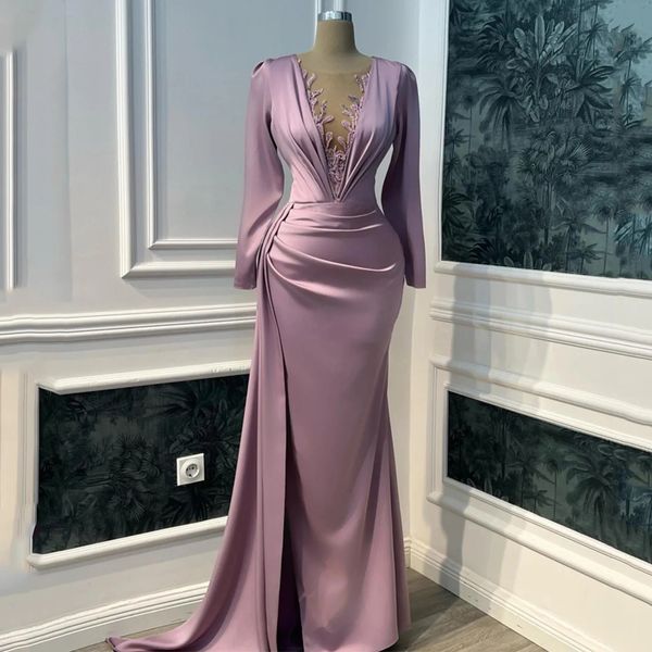 Robe de soirée élégante rose foncé 2024 manches longues illusion col en V perles sirène arabe Dubaï bal robe de fête d'anniversaire robes de longo