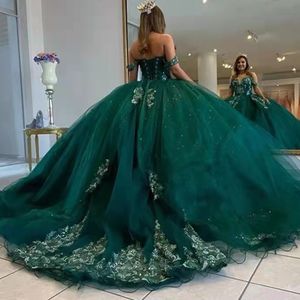 Elegante Deep Green Tule Lace Applique Sweetheart Prom Quinceanera jurken Off Shoulder Lace Up avond prom -jurken aanpassen Vestidos