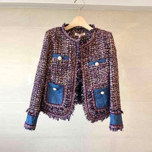 Élégant Denim Spliced Tweed Veste Manteau Automne Hiver Femmes À Manches Longues Frangées Garniture Glands Poche Design Laine Femme Outwear 210416