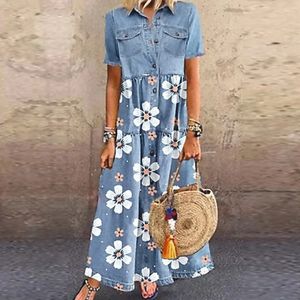 Elegante denimstijl damesjurk mode mode vaste printing bloemen revers lapel lange jurken casual patchwork ruched 240412