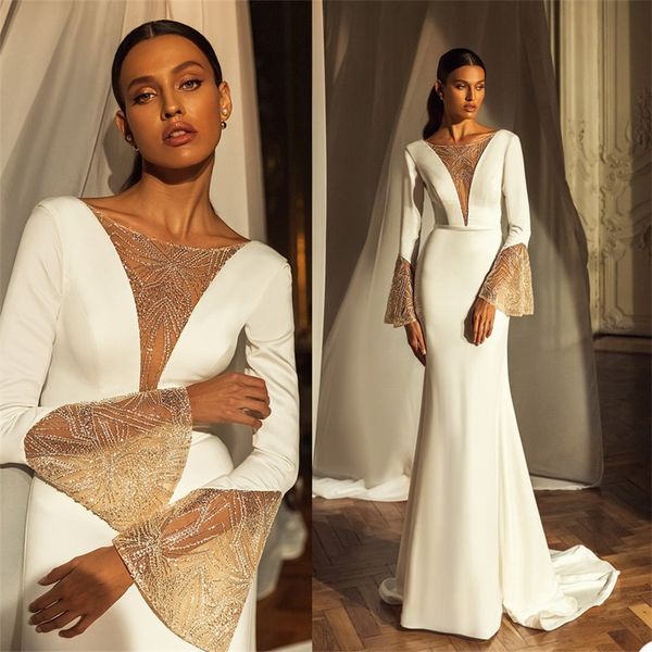 Design élégant sirène robe de mariée paillettes dentelle plage robes de mariée froncé Satin Sexy dos nu sur mesure Boho Robes De Mari￩e