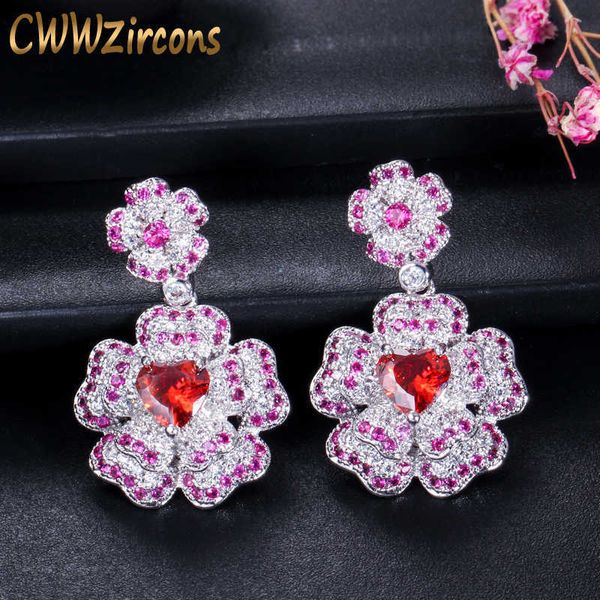 Diseño elegante Color de plata Forma de corazón Rojo Blanco Cubic Zirconia Pendientes colgantes de flores para mujeres Regalo de joyería CZ125 210714