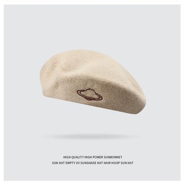 Élégant Designer Femmes Béret Chapeau Laine Saturn Brodé Femme Bérets Élégants Casquettes Automne Hiver Artiste Polyvalent Rétro Peintre Chapeaux