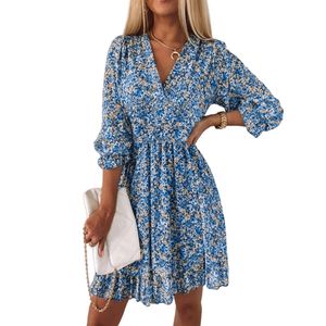 Elegante Designer Dames Blue Party Dress Print Summer Basic Jurken V-Neck geclaimd Hem comfortabele puff mouwen kleding