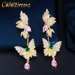 Elegante diseñador amarillo oro color encantador colgante gota mariposa larga cz pendientes para novias regalo de fiesta de boda CZ762 210714