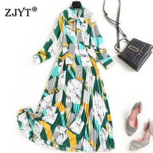 Elegante ontwerpers kleurblok geometrische print chiffon jurk lente vrouw kleding lange mouwen robe femme midi vakantie vestidos 210601