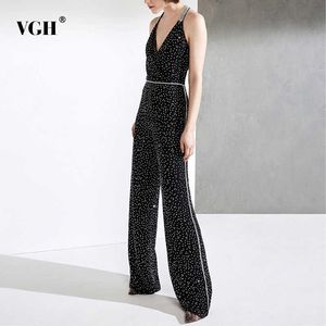 Elegante dot jumpsuit voor vrouwen sling v-hals mouwloze off schouder backless hoge taille jumpsuits vrouwelijke mode kleding 210531