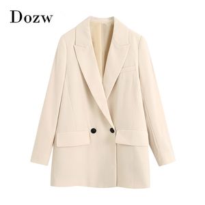 Elegante dubbele breasted blazer vrouwen lange mouw kantoor slijtage blazers jas effen kleur ingeklede kraag losse jas 210515