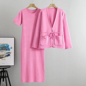 Robe élégante 2 pièces jupe ensemble bureau dame décontracté mode pièces tricotées pour les femmes manches longues Patchwork manteau robes 240329