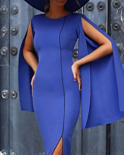 Robe élégante 2021 femmes col rond mode couleur unie Sexy bleu foncé Cape fente latérale mince tempérament robes Y1006