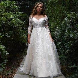 Robe élégante en dentelle style bohémien, grande taille, demi manches, col rond, ligne A, style Boho, jardin, mariage, 328 328