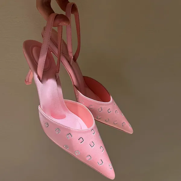 Elegantes zapatos de vestir Rhinestone Tacón alto Volver Sandalias de aire Satén Rosa mujer Diseñador Moda Zapato de banquete Zapatos de fábrica de alta calidad slingbacks