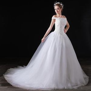 Robes élégantes simples cou de bateau avec des manches courtes perles une ligne tulle longues robes de mariée de mariée pour femmes robes de mariée hy4193