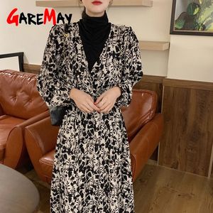 Robes élégantes pour femmes décontractées coréennes vintage printemps manches longues col en V noir midi robe noire 210428