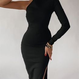 Elegante jurken voor vrouwen zomer een schouder maxi jurk bodycon sexy zwarte lange fomal bruiloft avondfeestjurk mode 220511