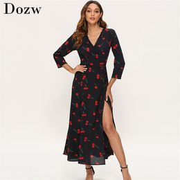Elegante jurken vrouwen drie kwart mouw cherry print lange boho hoge split v nek sexy casual maxi vestidos largos 210515