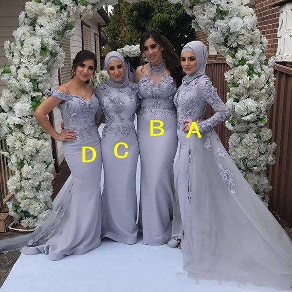 Élégant Dubaï arabe musulman 3D pétales sirène robes de demoiselle d'honneur dentelle Appliqued à manches longues demoiselle d'honneur robes robe de soirée de mariage sur mesure
