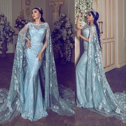Élégant Dubaï sirène robe de soirée avec Wrap Bateau cou Appliques pleine dentelle longue 2020 Sexy mode formelle robes de bal robes de soirée