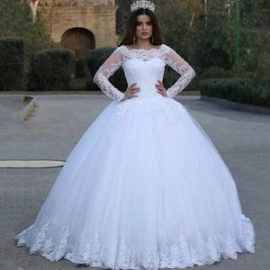 Elegante Dubai witte trouwjurken lange mouwen bruidsjurken 2021 appliques kant tule plus size formele slijtage tuin vestidos de novia
