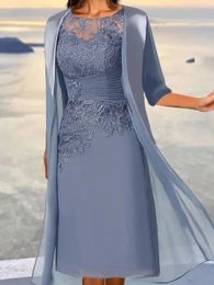 Élégant bleu poussiéreux mère de la robe de mariée avec veste dentelle florale brodée couches froncées en mousseline de soie robes de soirée de mariage Robe De soirée Femme