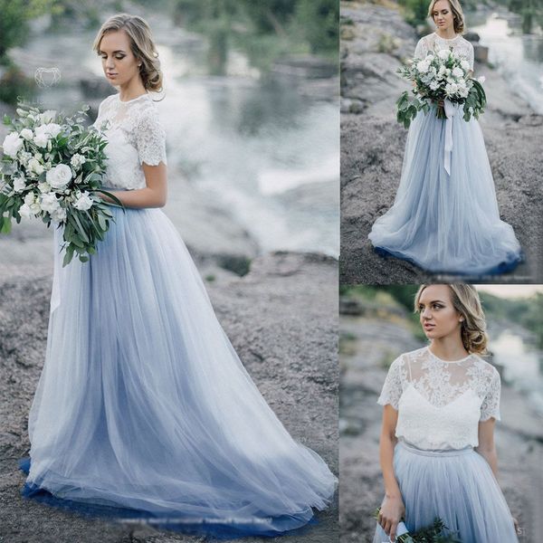 Vestido de novia elegante azul polvoriento tul vestidos de novia de encaje con partes de arriba chaqueta de Boho del vestido de novia Vestido de Noiva