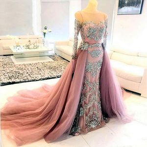 Elegantes vestidos de noche formales de color rosa polvoriento con tren desmontable Apliques de encaje plateado Lentejuelas con cuentas Vestidos de fiesta formales de manga larga para mujeres 2023 Prom Banquet Wear