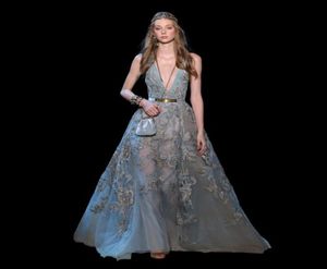 Élégants robes Elie Saab Parition de soirée plongeur dentelle en dentelle robe formelle illusion du corsage Longueur une ligne à paillettes de tapis rouge GOW4435815