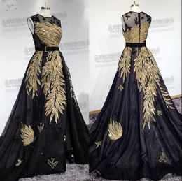Elegante Elie Saab Prom Dresses 2019 Juweel Hals Mouwloze Gouden Lovertjes Formele Avondjurken Sweep Trein Beaded Pageant Party Dress Custom