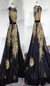 Élégant Elie Saab Robes De Bal 2019 Jewel Neck Sans Manches Or Paillettes Robes De Soirée Formelles Balayage Train Perlé Pageant Party Dres5292191