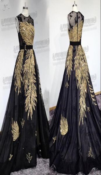 Elegantes vestidos de fiesta de Elie Saab 2019 Cuello joya Sin mangas Lentejuelas doradas Vestidos de noche formales Tren de barrido Con cuentas Fiesta del desfile Dres5292191