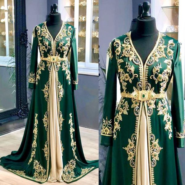 Elegante Kaftan verde esmeralda Vestidos de noche Longitud del piso Mangas largas Satén Una línea Vestidos de fiesta de celebridades Apliques de encaje dorado Cristales Con cuentas Cuello en V Traje de mujer