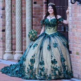 Robes de Quinceanera en dentelle vert émeraude élégantes pour douces 15 filles 2023, robes de fête d'anniversaire de grande taille avec appliques florales 3D 322