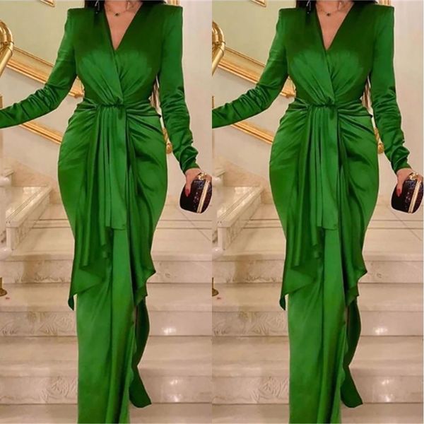 Vestido de noche musulmán verde esmeralda elegante, Vestidos de fiesta árabes de manga larga con cuello en V, Vestidos de fiesta de invitados de Dubái para mujer