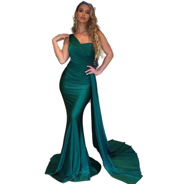 Élégant Vert Émeraude Une Épaule Robes De Bal Sans Manches Longues Robes De Soirée Simple Satin Occasion Spéciale Robe Robes De Demoiselle D'honneur Peplum Robe De Soriee