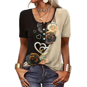 T-shirt à manches courtes et col rond pour femme, élégant, style ethnique, imprimé floral, confortable, décontracté, ample, avec épissure de boutons, 240328