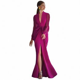 Elegante Avond Dr Lg Mouwen Diepe V-hals Hoge Split Sexy Avondjurken Voor Vrouwen 2024 Fuchsia Zeemeermin/Trompet formele Dr 33CL #