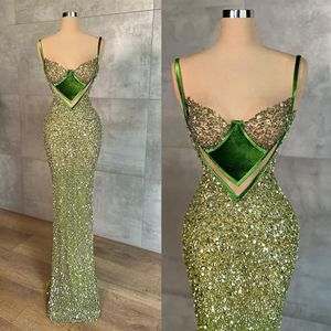 Elegante avondjurk sexy spaghetti riemen kristal kralen mouwloze hermermaid prom jurken speciale gelegenheid gewaad jurken