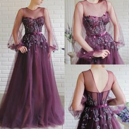 Elegante avondjurken juweel hals kant 3d bloemen appliques kralen prom jurk sweep trein lange mouwen formele feestjurken