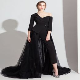 Robes de soirée élégantes longue noir blanc combinaison pantalon long combinaison à manches longues robe formelle col en V combinaisons Dubai robe de bal302L