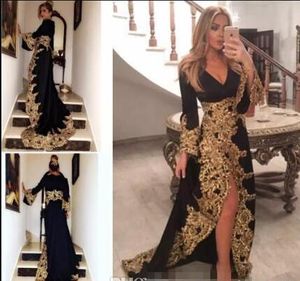 Elegante avondjurken lange sexy diepe v-hals met gouden kant applique sweep trein Afrikaanse vrouwen sexy split plus size prom avondjurk