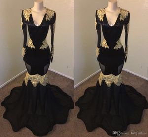 2022 nouvelle robe de soirée élégante appliques d'or noir sirène robes de bal à manches longues col en V robe de soirée sur mesure