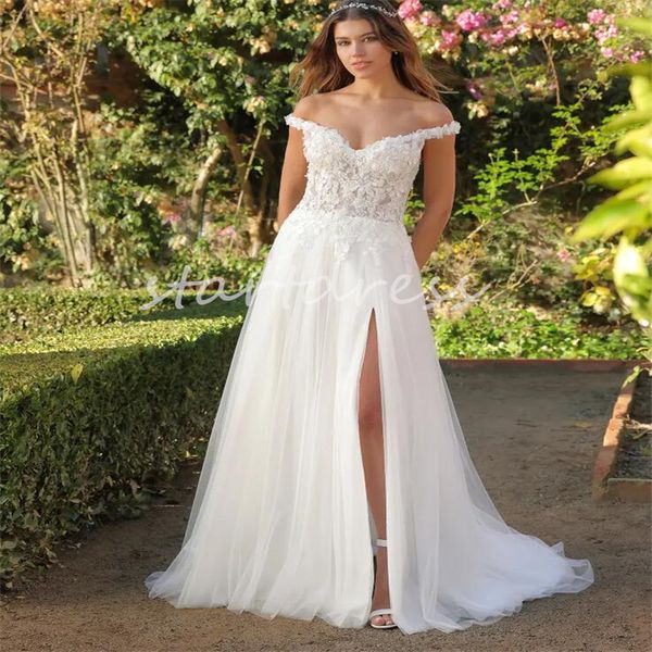 Vestidos de novia bohemios de hadas elegantes con abertura alta en los hombros Corpiño de encaje Vestido de novia rústico de campo Vestido de novia bohemio de tul hasta el suelo blanco Túnica Mariee