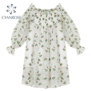 Elegante Fairy Chiffon Off Shoulder Jurken Summer Beach Holiday Floral Leaf Borduurwerk Flare Lange Mouw Mini Chic Vestiods 210417