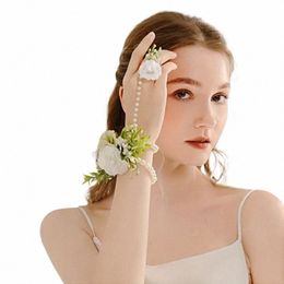 Élégant faux poignet perlé corsage artificiel rose de la rose de la rose Bracellet Hand Frs Party Decor Wedding Bridal Acories T72V #