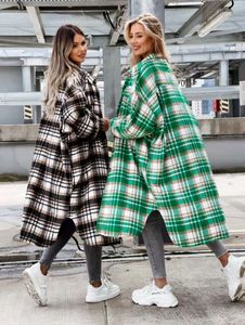 Elegant Fall Street Ladies Cardigan Coat Fashion Print Pocket Long Sleeve Jacket Winter Dames Lange geruite shirt jas damesmode revershemd dame