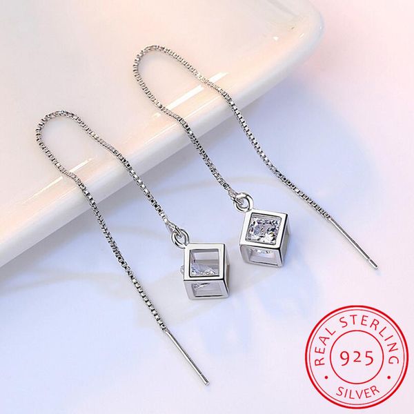 Élégant mode 925 argent Sterling Cube amour fenêtre zircone sucre goutte boîte chaîne longue gland boucles d'oreilles S-E238